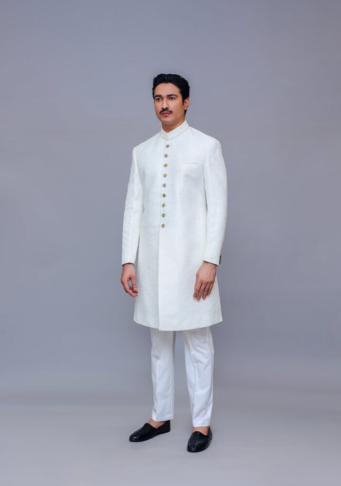 Premium Kambal Jamawar Bright White Traditional Sherwani - Image 1