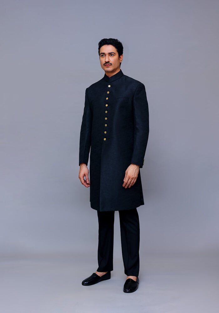 Premium Kambal Jamawar Pirate Black Traditional Sherwani - Image 2