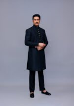 Premium Kambal Jamawar Pirate Black Traditional Sherwani - Image 3
