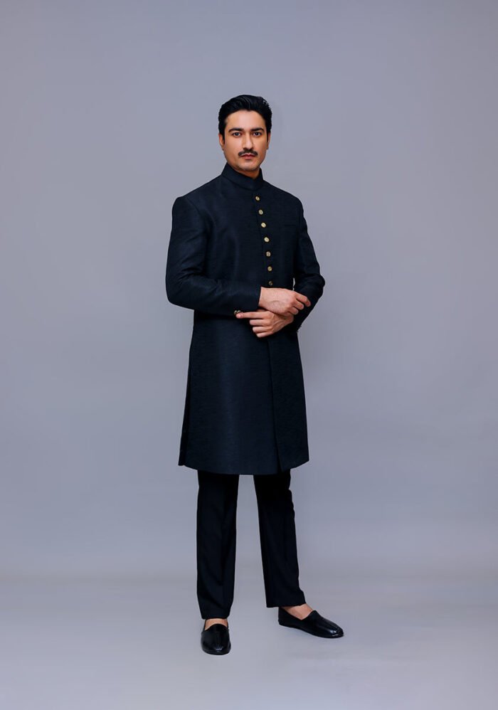 Premium Kambal Jamawar Pirate Black Traditional Sherwani - Image 3