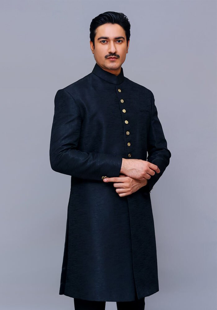 Premium Kambal Jamawar Pirate Black Traditional Sherwani - Image 4