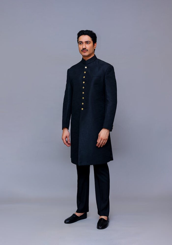 Premium Kambal Jamawar Pirate Black Traditional Sherwani - Image 1