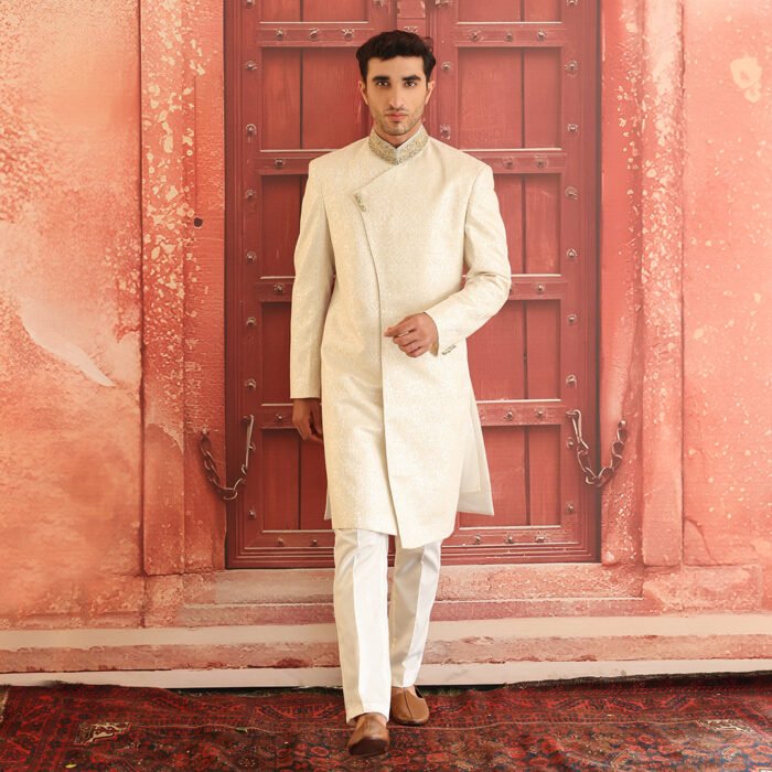 Premium Karandi Jamawar Antique White Embroidered Sherwani - Image 3
