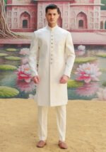 Premium Karandi Jamawar Antique White Plain Sherwani - Image 3