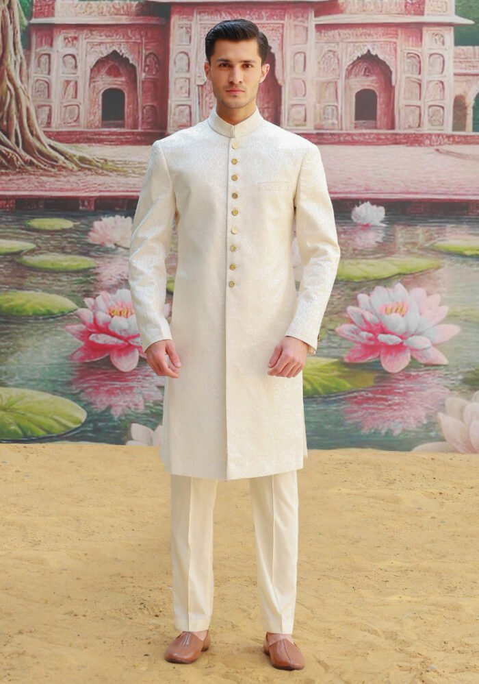 Premium Karandi Jamawar Antique White Plain Sherwani - Image 3