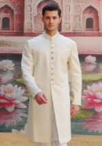 Premium Karandi Jamawar Antique White Plain Sherwani - Image 4