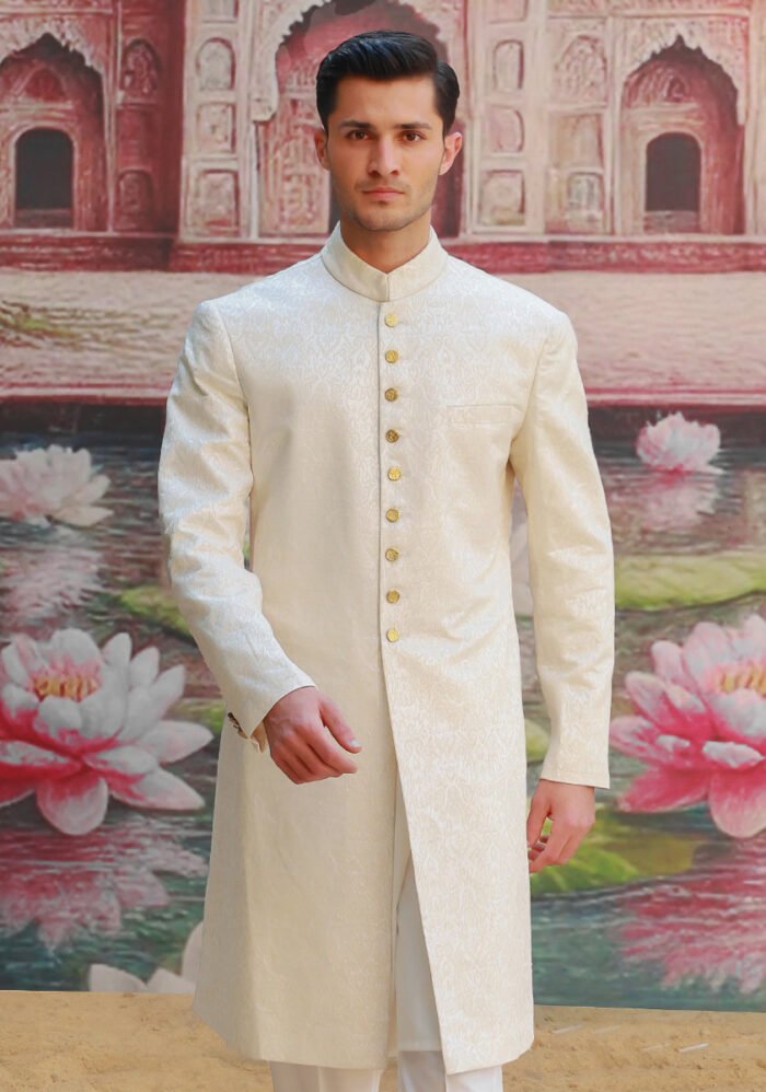 Premium Karandi Jamawar Antique White Plain Sherwani - Image 4