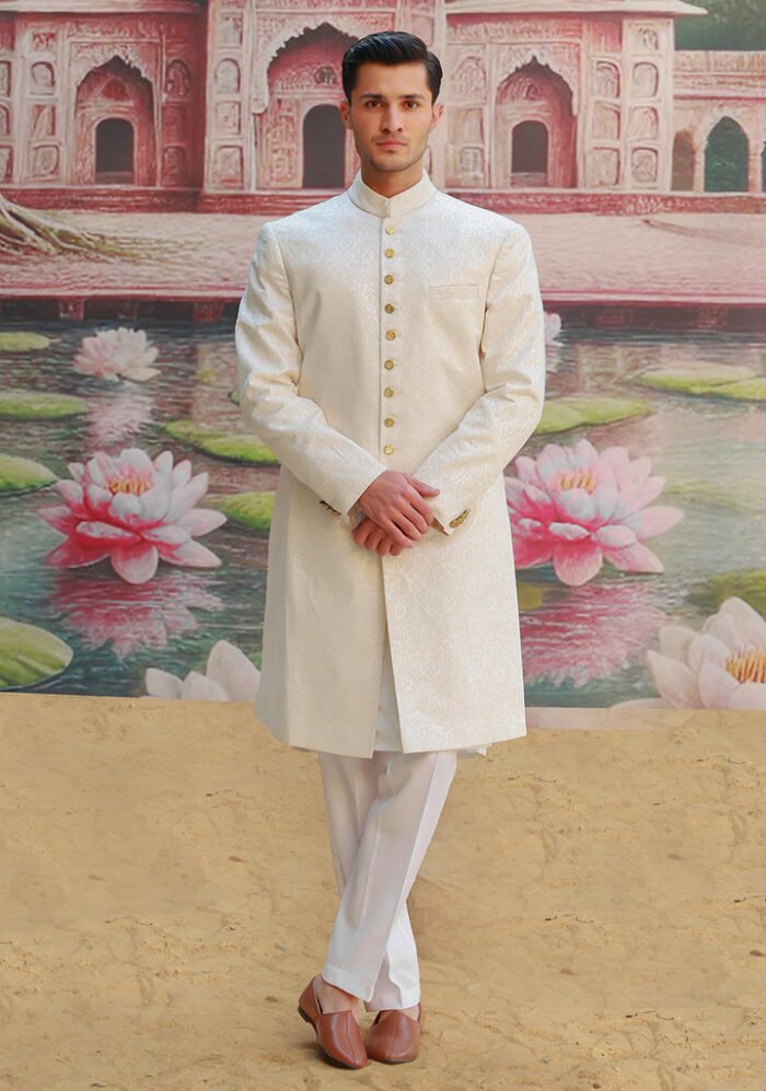 Premium Karandi Jamawar Antique White Plain Sherwani - Image 1