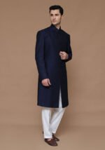 Premium Karandi Jamawar Medieval Blue Plain Sherwani - Image 3