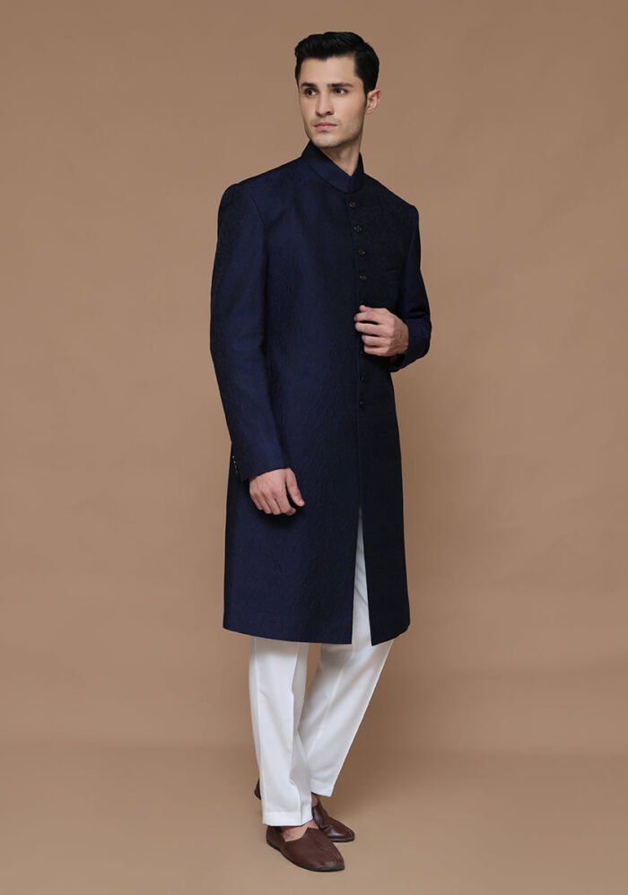 Premium Karandi Jamawar Medieval Blue Plain Sherwani - Image 3