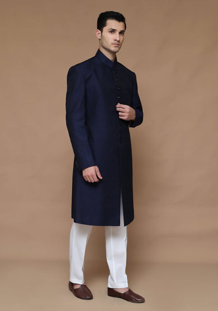 Premium Karandi Jamawar Medieval Blue Plain Sherwani - Image 4