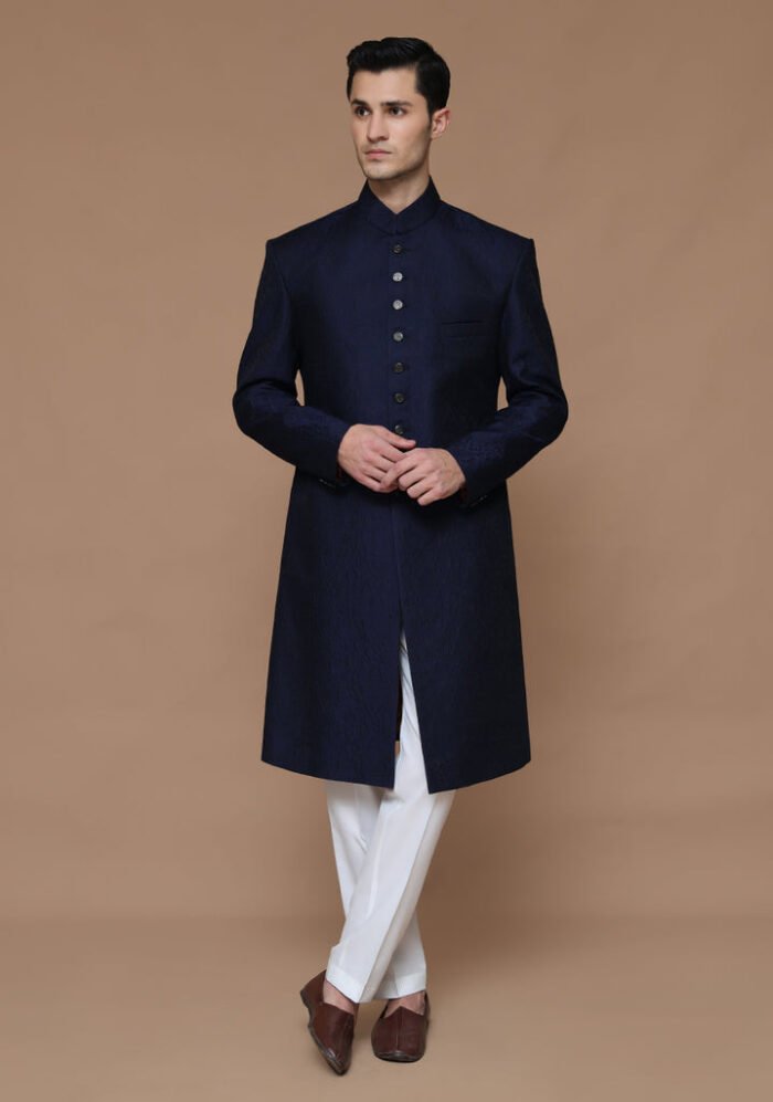 Premium Karandi Jamawar Medieval Blue Plain Sherwani - Image 1