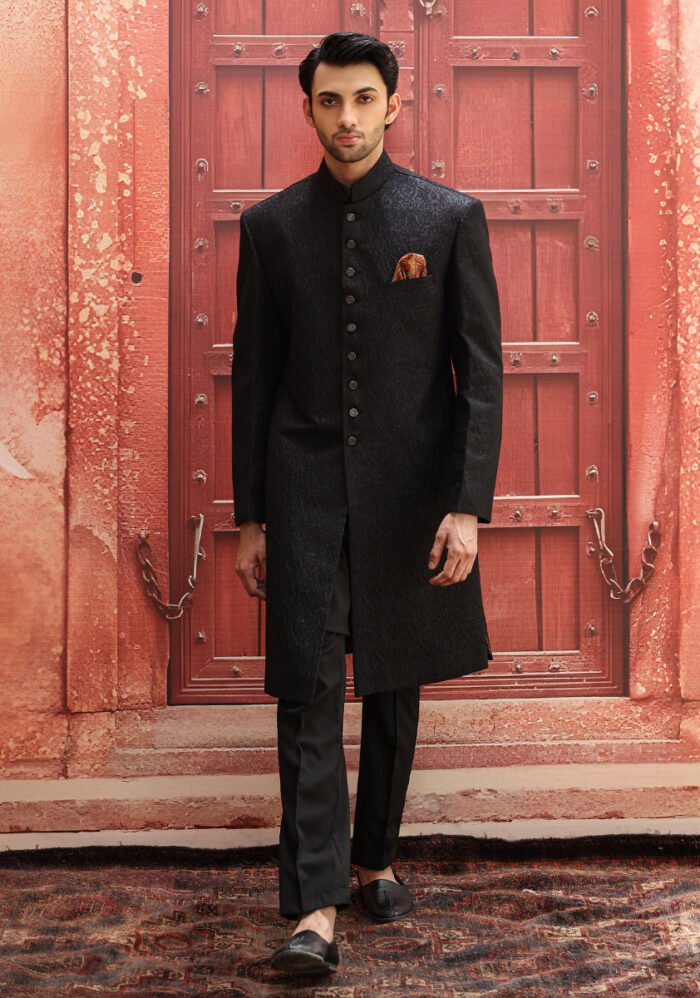 Premium Karandi Jamawar Tap Shoe Plain Sherwani - Image 2