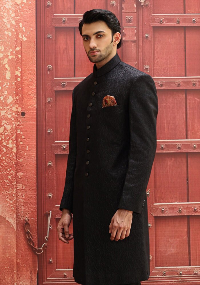 Premium Karandi Jamawar Tap Shoe Plain Sherwani - Image 3