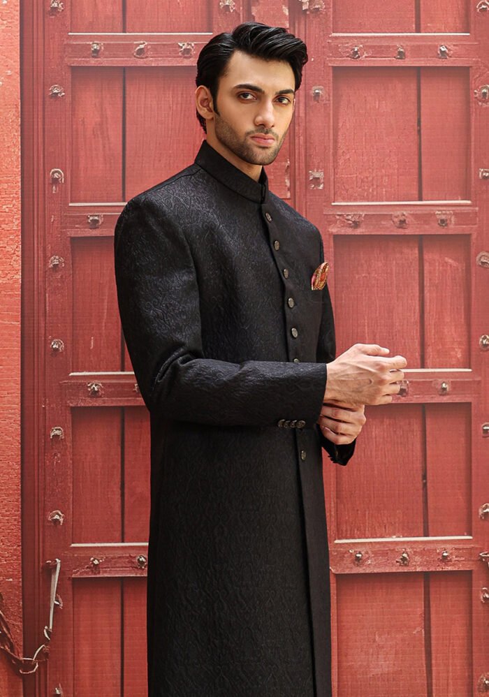 Premium Karandi Jamawar Tap Shoe Plain Sherwani - Image 4
