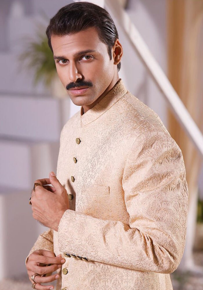 Premium Satin Beige Embroidered Sherwani - Image 3