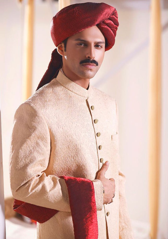 Premium Satin Beige Embroidered Sherwani - Image 4