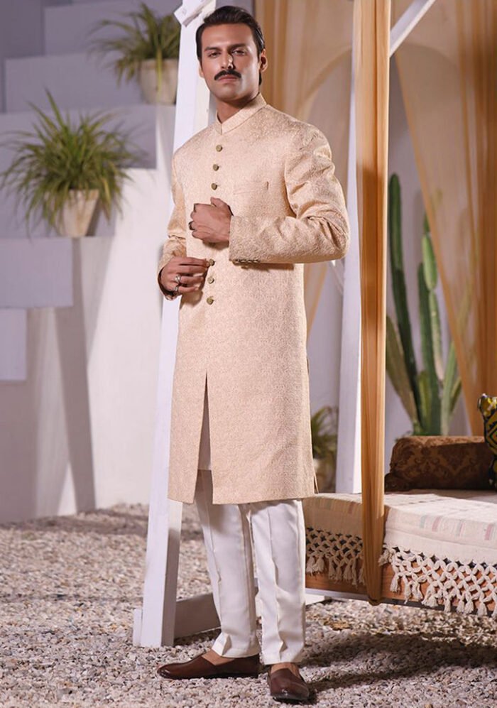 Premium Satin Beige Embroidered Sherwani - Image 1