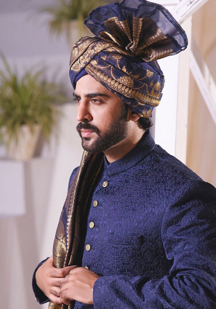 Premium Satin Navy Blazer Embroidered Sherwani - Image 3