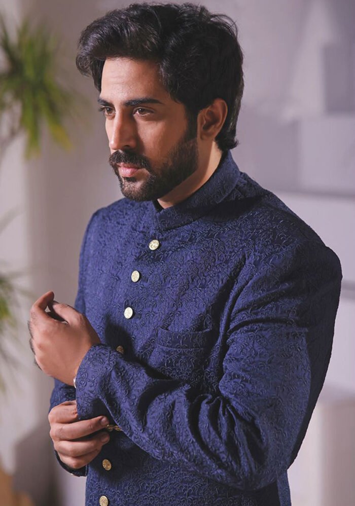 Premium Satin Navy Blazer Embroidered Sherwani - Image 4