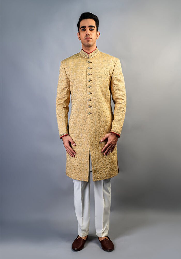 Premium Satin New Wheat Embroidered Sherwani - Image 2