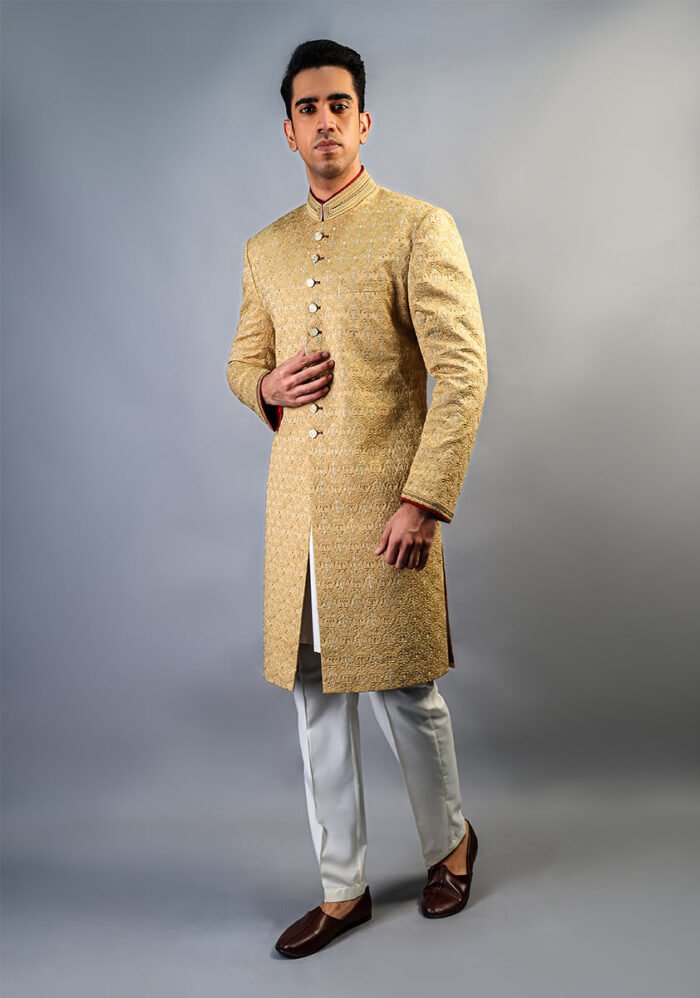 Premium Satin New Wheat Embroidered Sherwani - Image 3