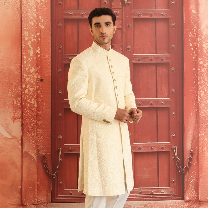 Premium Satin Silk Pristine Embroidered Sherwani - Image 3
