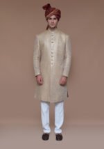 Premium Zari Karandi Jamawar Almond Buff Couture Sherwani - Image 2