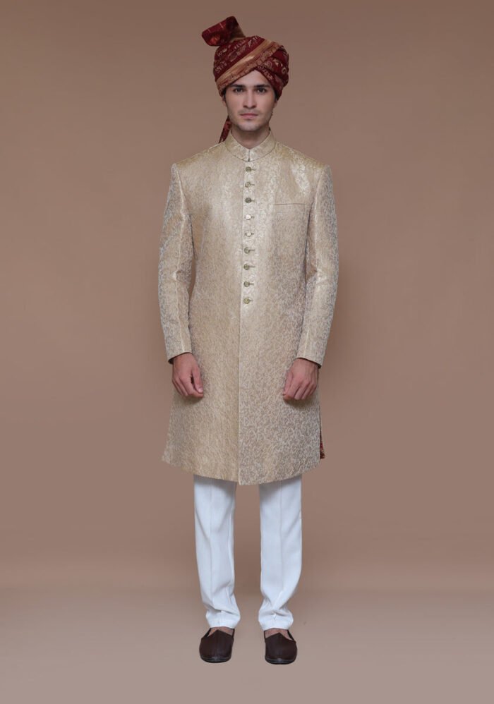 Premium Zari Karandi Jamawar Almond Buff Couture Sherwani - Image 2
