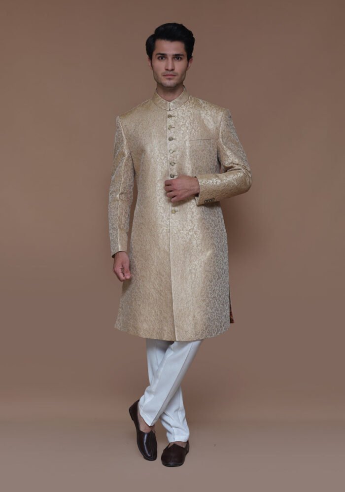 Premium Zari Karandi Jamawar Almond Buff Couture Sherwani - Image 3