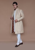 Premium Zari Karandi Jamawar Almond Buff Couture Sherwani - Image 4