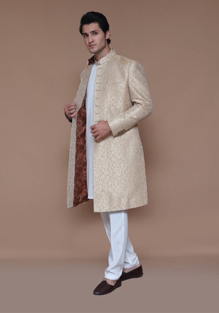 Premium Zari Karandi Jamawar Almond Buff Couture Sherwani - Image 4