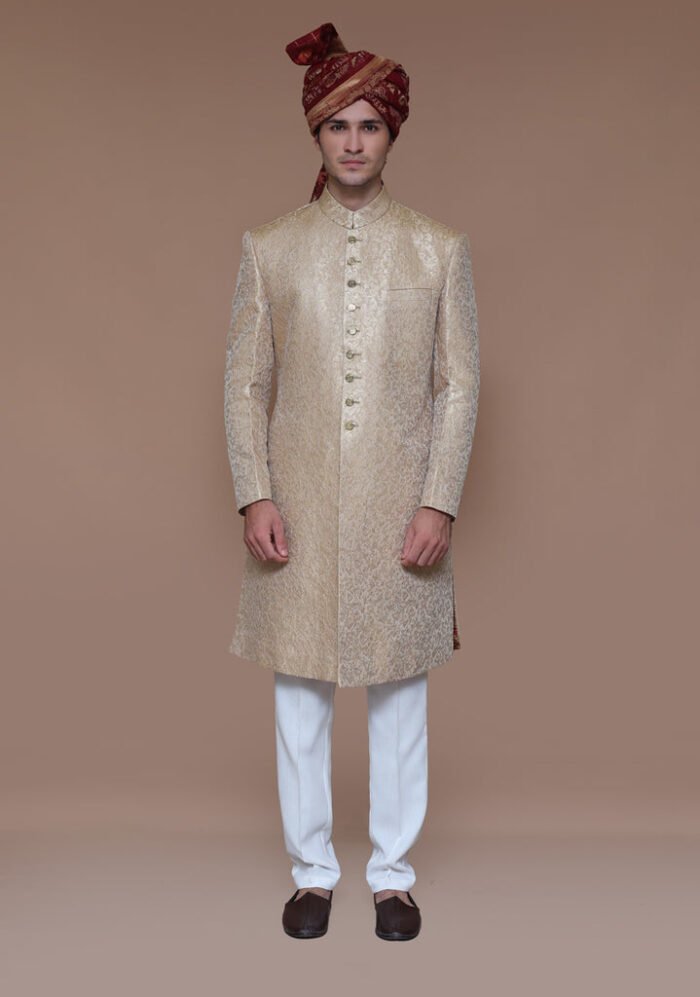 Premium Zari Karandi Jamawar Almond Buff Couture Sherwani - Image 1