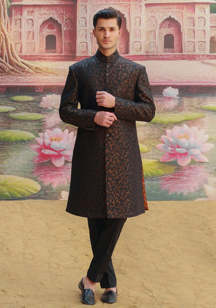 Premium Zari Karandi Jamawar Copper Black Couture Sherwani - Image 2
