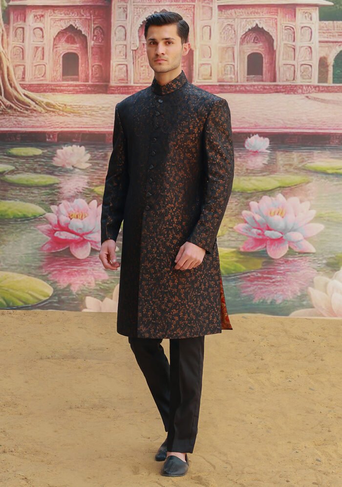 Premium Zari Karandi Jamawar Copper Black Couture Sherwani - Image 3