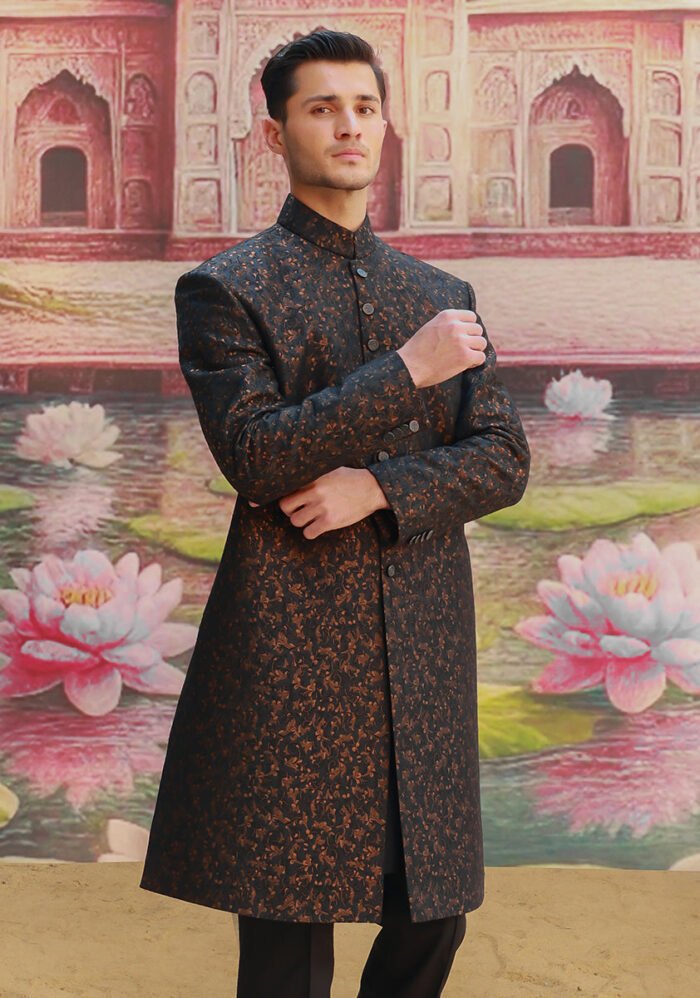 Premium Zari Karandi Jamawar Copper Black Couture Sherwani - Image 4