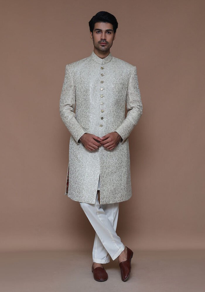 Premium Zari Karandi Jamawar Creme Brulee Couture Sherwani - Image 3