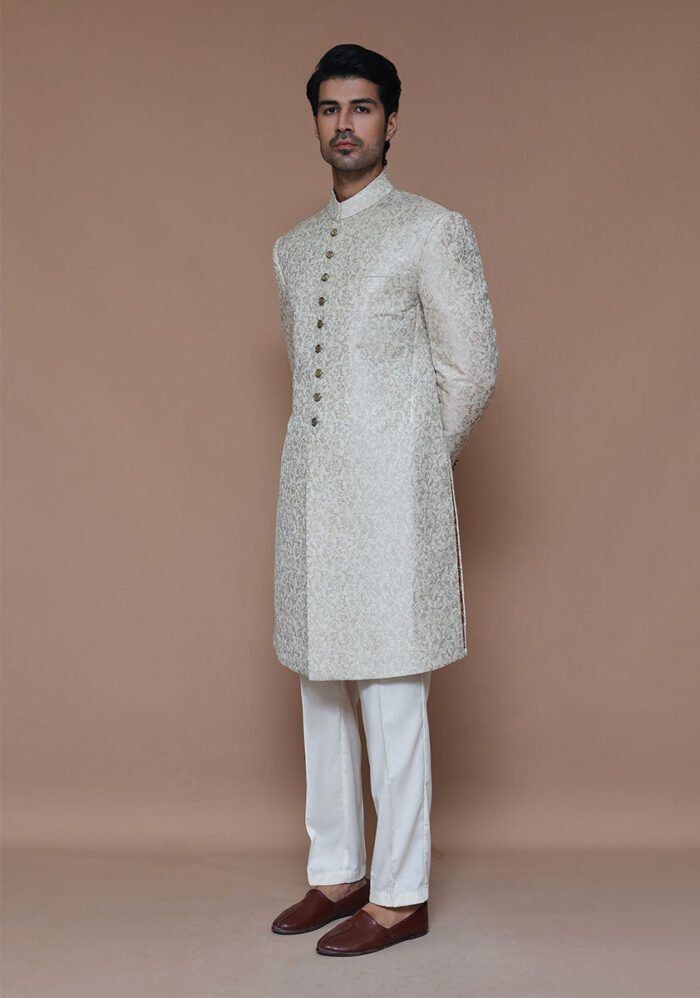 Premium Zari Karandi Jamawar Creme Brulee Couture Sherwani - Image 4