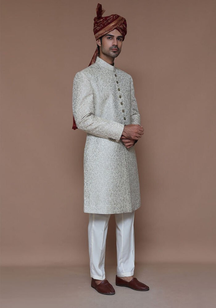 Premium Zari Karandi Jamawar Creme Brulee Couture Sherwani - Image 1