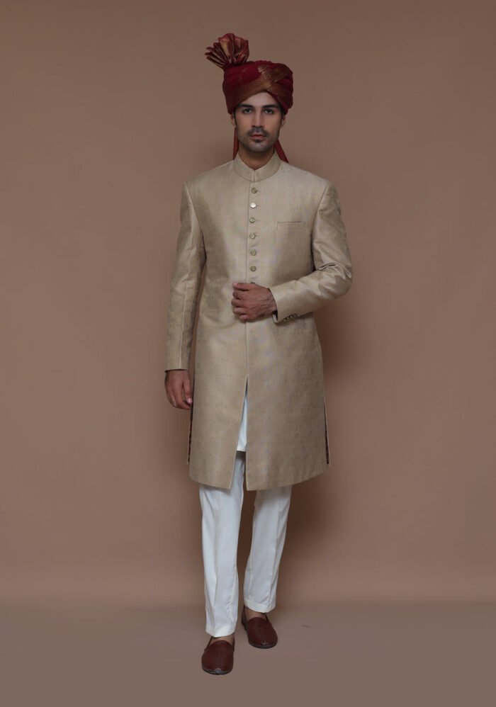 Premium Zari Karandi Jamawar Sesame Couture Sherwani - Image 2