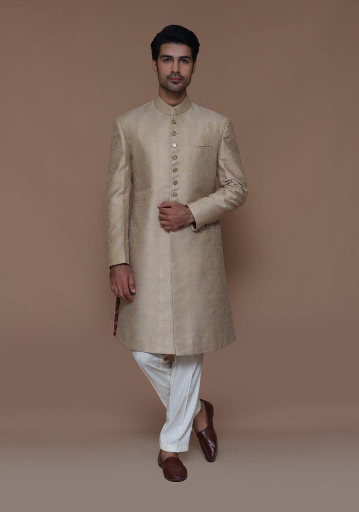 Premium Zari Karandi Jamawar Sesame Couture Sherwani - Image 3