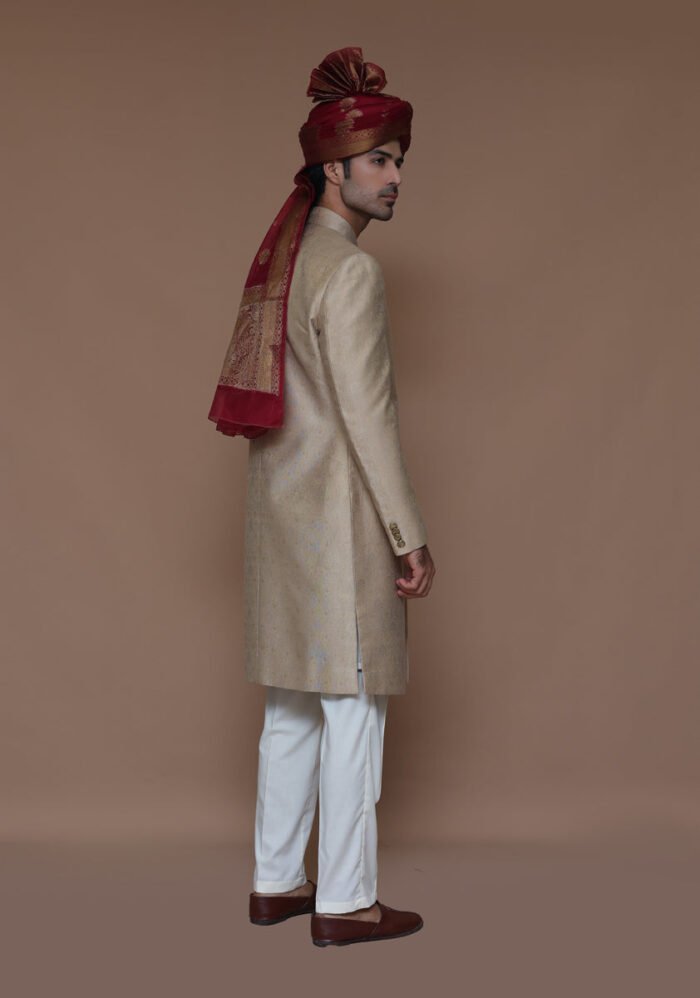 Premium Zari Karandi Jamawar Sesame Couture Sherwani - Image 4