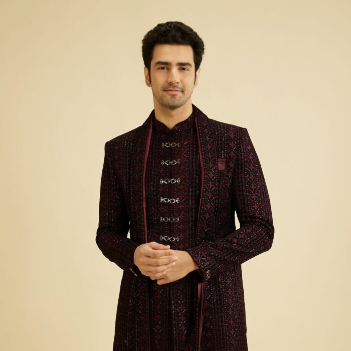 Velvety Wine Elegance Sherwani - Image 1