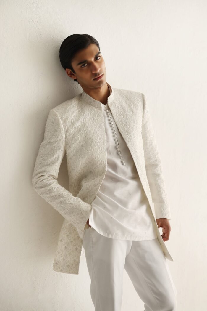 WHITE EMBOSSED FRONT OPEN SHERWANI - Image 1