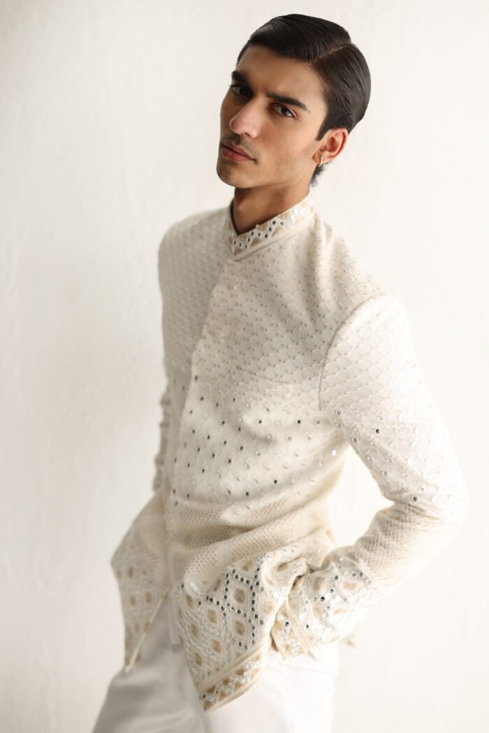 WHITE EMBOSSED MIRROR WORK PRINCE SUIT - Image 1