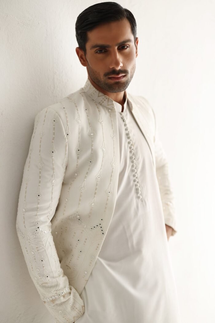 WHITE EMBOSSED SEQUENCE FRONT OPEN PRINCE COAT - Image 1