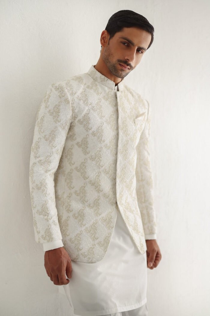 White Golden Embossed Prince Coat - Image 1