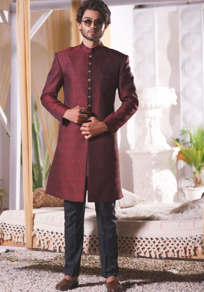 Winetasting Jamawar Traditional plain Sherwani - Image 2