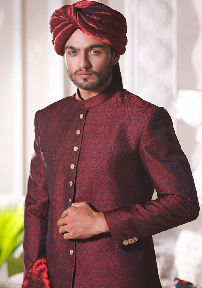 Winetasting Jamawar Traditional plain Sherwani - Image 3