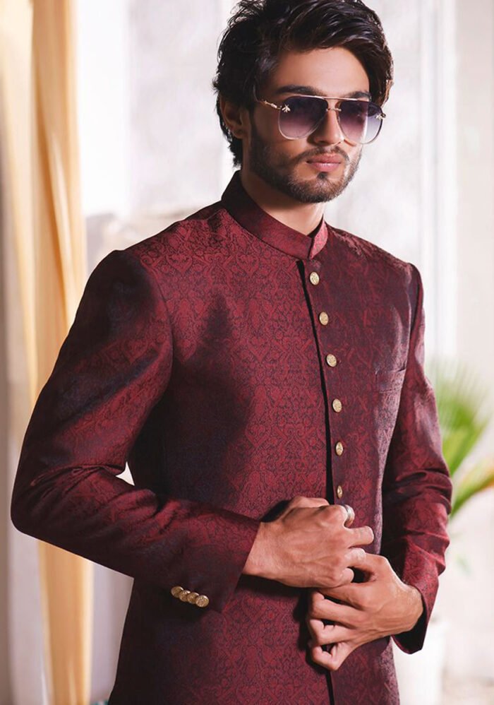 Winetasting Jamawar Traditional plain Sherwani - Image 4
